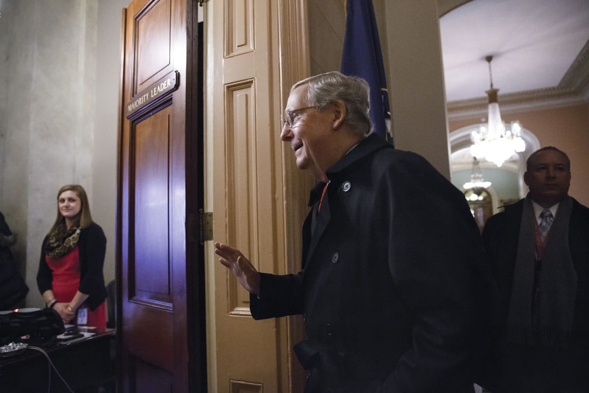 Senate Majority Leader Mitch McConnell of Ky. arrives for work on Capitol Hill in Washington, Monday, Jan. 12, 2015, as the Republican-controlled Senate is moving ahead on a bill to construct the Keystone XL pipeline despite President Barack Obama's veto threat.