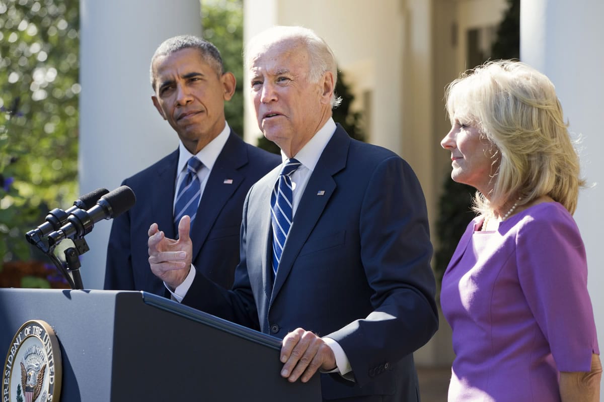 Vice President Joe Biden, with his wife, Dr. Jill Biden and President Barack Obama, announces that he will not run for the presidential nomination Wednesday in the Rose Garden of the White House in Washington.