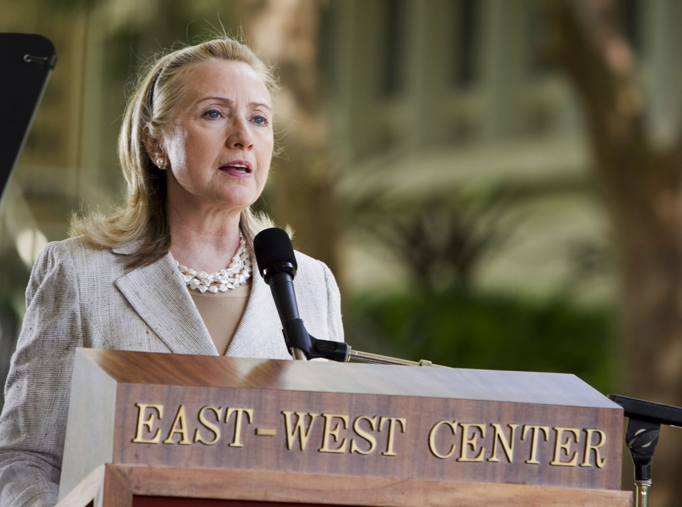 Then-Secretary of State Hillary Rodham Clinton gives a speech at the East West Center on the campus of the University of Hawaii on Nov. 10, 2011 in Honolulu as she attends the APEC Summit on Oahu.