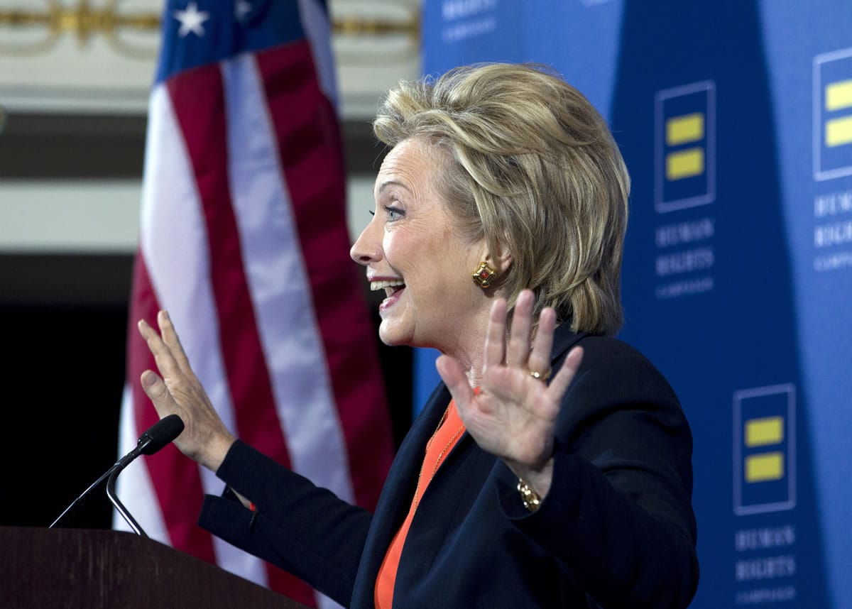 Democratic presidential candidate Hillary Rodham Clinton gestures as she speaks Saturday to the Human Rights Campaign in Washington.