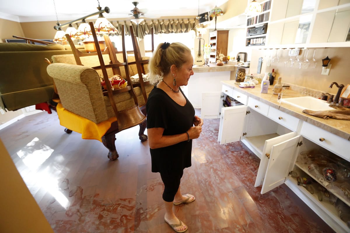 Sharon Cahill looks over her pool house after the floodwaters receded at French Quarter Creek in Huger, S.C., on Wednesday. French Quarter Creek is prone to flooding, but all residents who have lived there for several decades say this is the worst it has ever been.