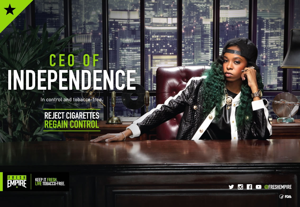 This image provided by the Food and Drug Administration shows an ad that is part of the agency&#039;s &quot;Fresh Empire&quot; campaign. The FDA on Tuesday said that it will spend $128 million on the &quot;Fresh Empire&quot; campaign, which incorporates TV ads, events and local outreach to try and curb smoking among minority teenagers.