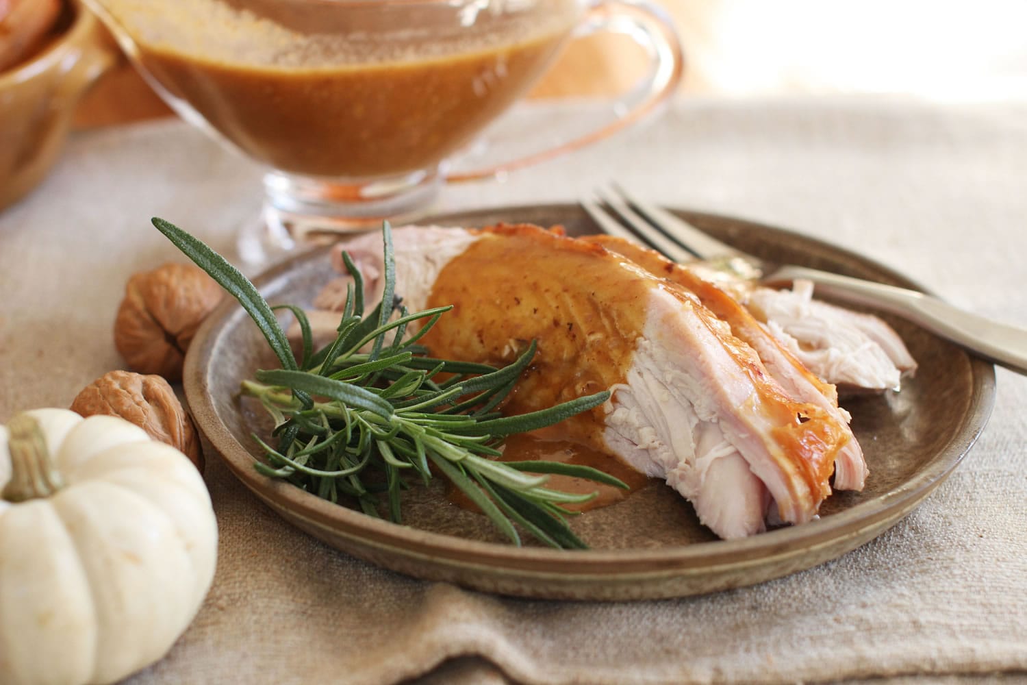 Regardless of how you cook the turkey, experts say to make sure you let it sit, undisturbed, on platter for at least 30 minutes before carving. This allows the bird to finish cooking more gently and reabsorb all of its juices, producing moist meat.