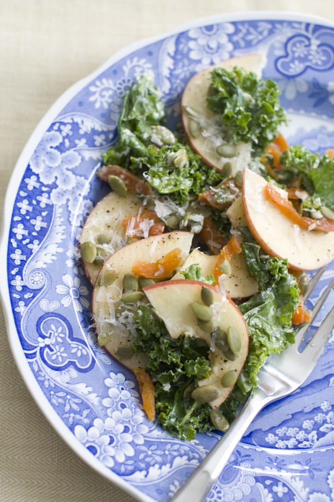 Kale Salad With Apples Apricots and Manchego Cheese