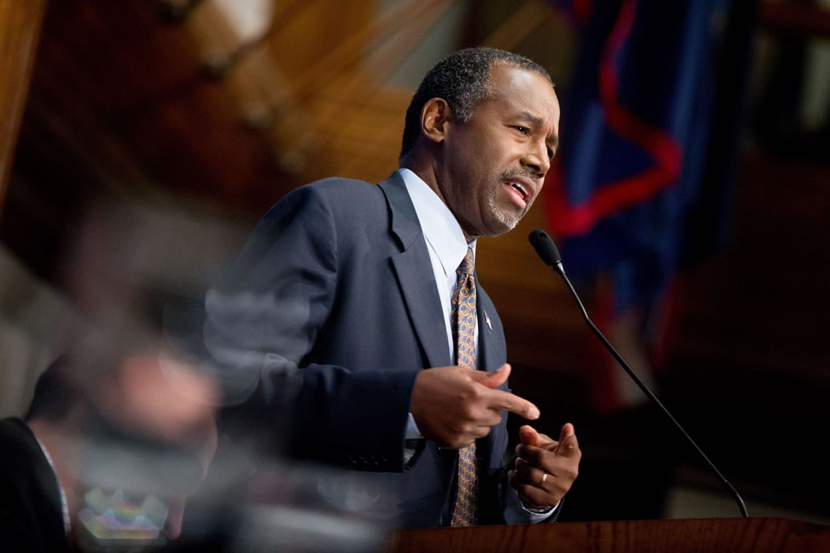 Republican presidential candidate Dr. Ben Carson speaks at the National Press Club in Washington.
