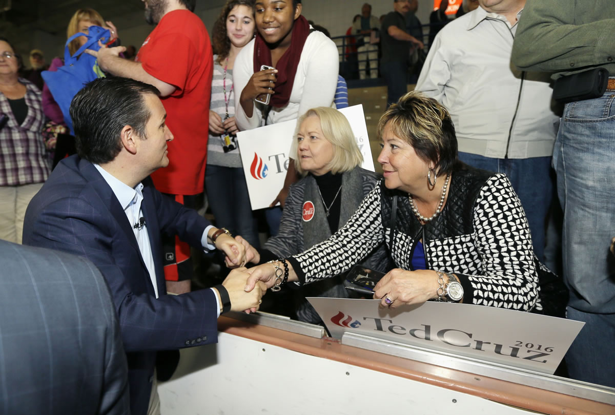 Republican presidential candidate, Sen. Ted Cruz, R-Texas, greets supporters at Kalamazoo Wings stadium Monday in Kalamazoo, Mich.