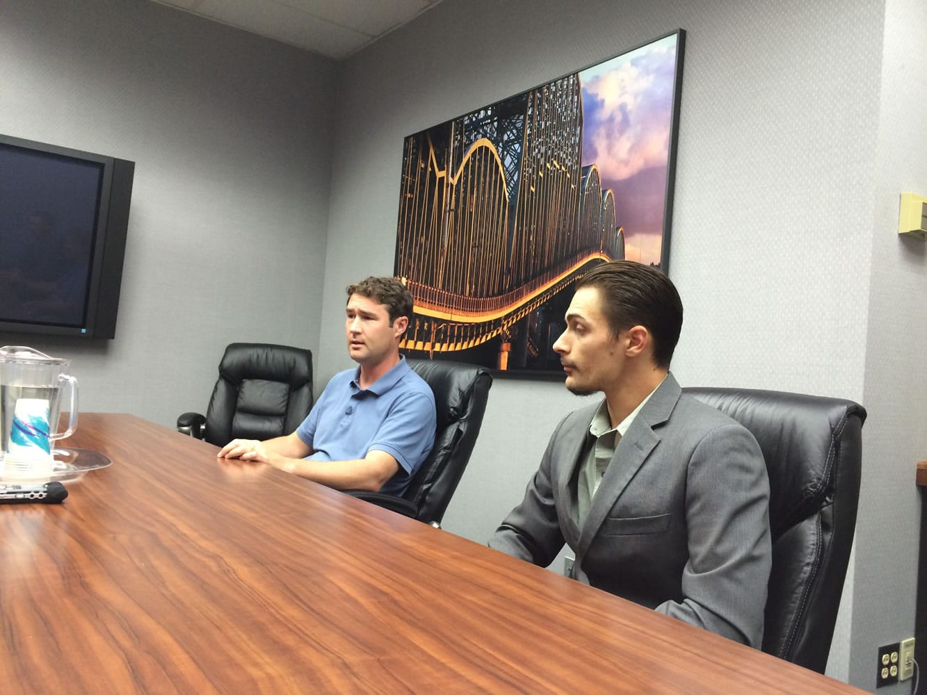 Vancouver City Council candidates Bart Hansen, left, and Justin Forsman speak to The Columbian's Editorial Board on Wednesday.