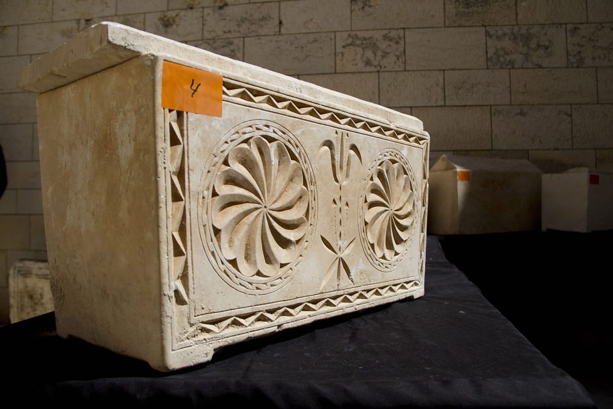 A 2,000-year-old Jewish burial box is on display Monday in Jerusalem.