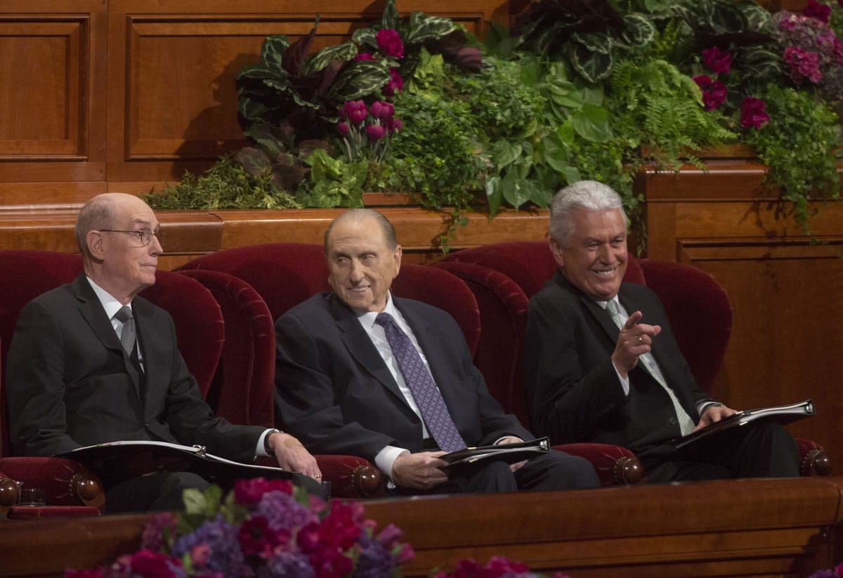 Henry B. Eyring, First Counselor in the First Presidency, left, President Thomas S. Monson, of The Church of Jesus Christ of Latter-day Saints, middle, and Dieter F. Uchtdorf, Second Counselor in the First Presidency, right, attend the opening session of the two-day Mormon church conference on Saturday in Salt Lake City.  Three new high-ranking leaders will be chosen Saturday during the Mormon conference,  announcements that have Latter-day Saints eagerly anticipating the rare occurrence.