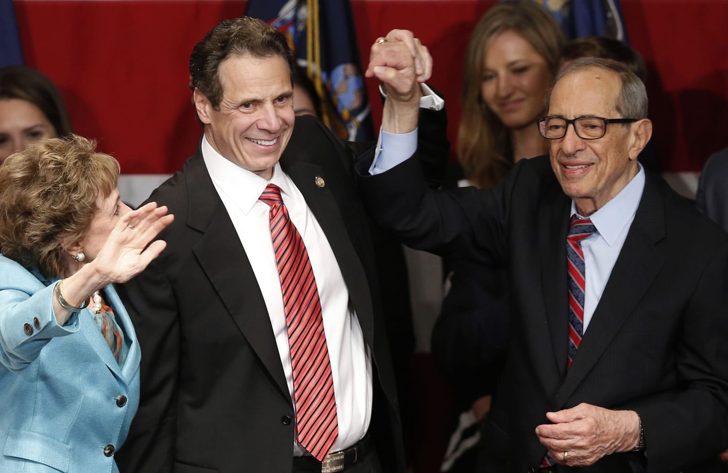 Democratic New York Gov. Andrew Cuomo, second from left, celebrates Nov. 4 with his father, former New York Gov. Mario Cuomo, and his mother, Matilda, left, after defeating Republican challenger Rob Astorino, at Democratic election headquarters in New York. Andrew Cuomo is the first New York Democratic governor since his father to win re-election.