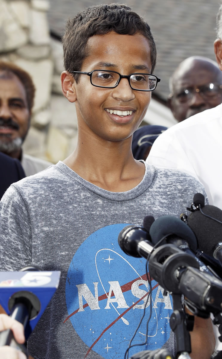 Ahmed Mohamed, 14, thanks supporters during a Sept. 16 news conference in Irving, Texas, about his arrest and three-day suspension from school.
