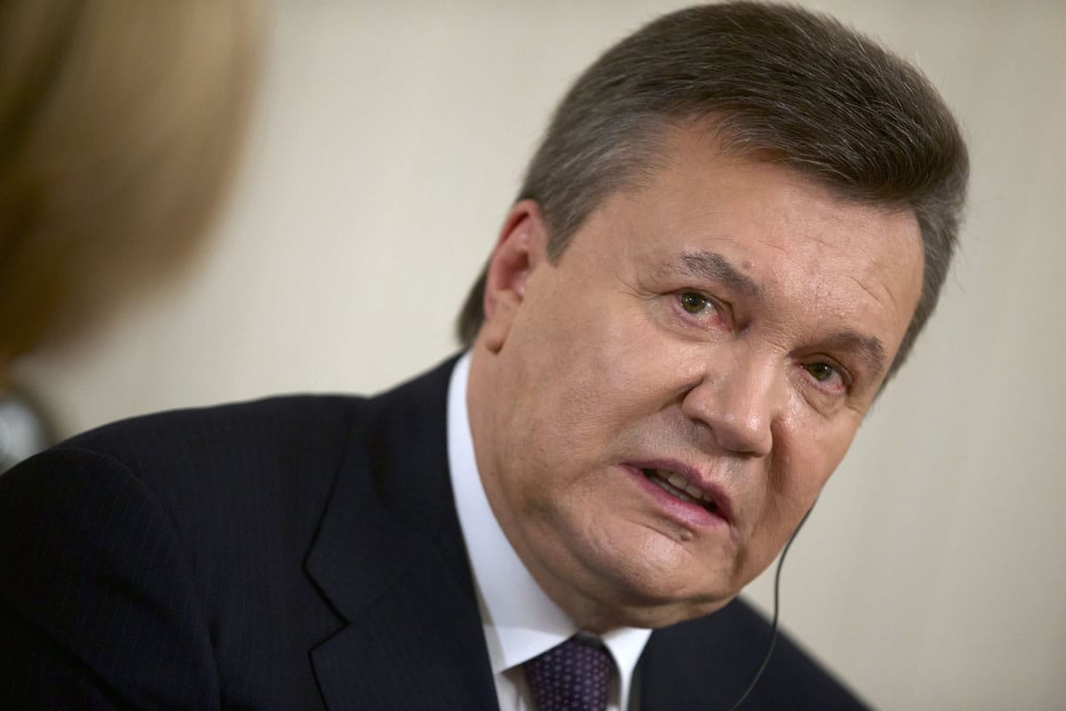 Ousted Ukrainian President Viktor Yanukovych speaks during the interview with The Associated Press in Rostov-on-Don, Russia, on Wednesday.