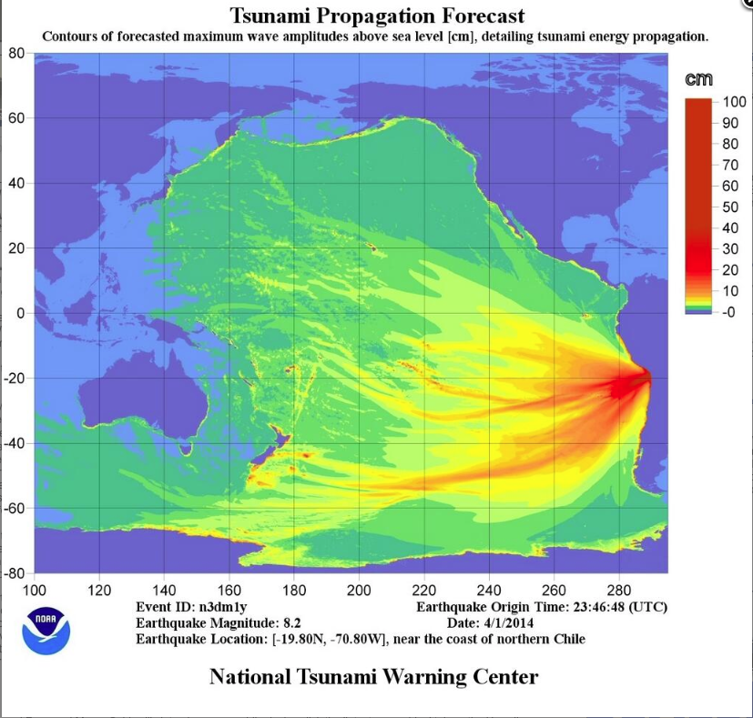The National Tsunami Warning Center's map of predicted tsunami effects from Tuesday night's earthquake off the coast of Chile.