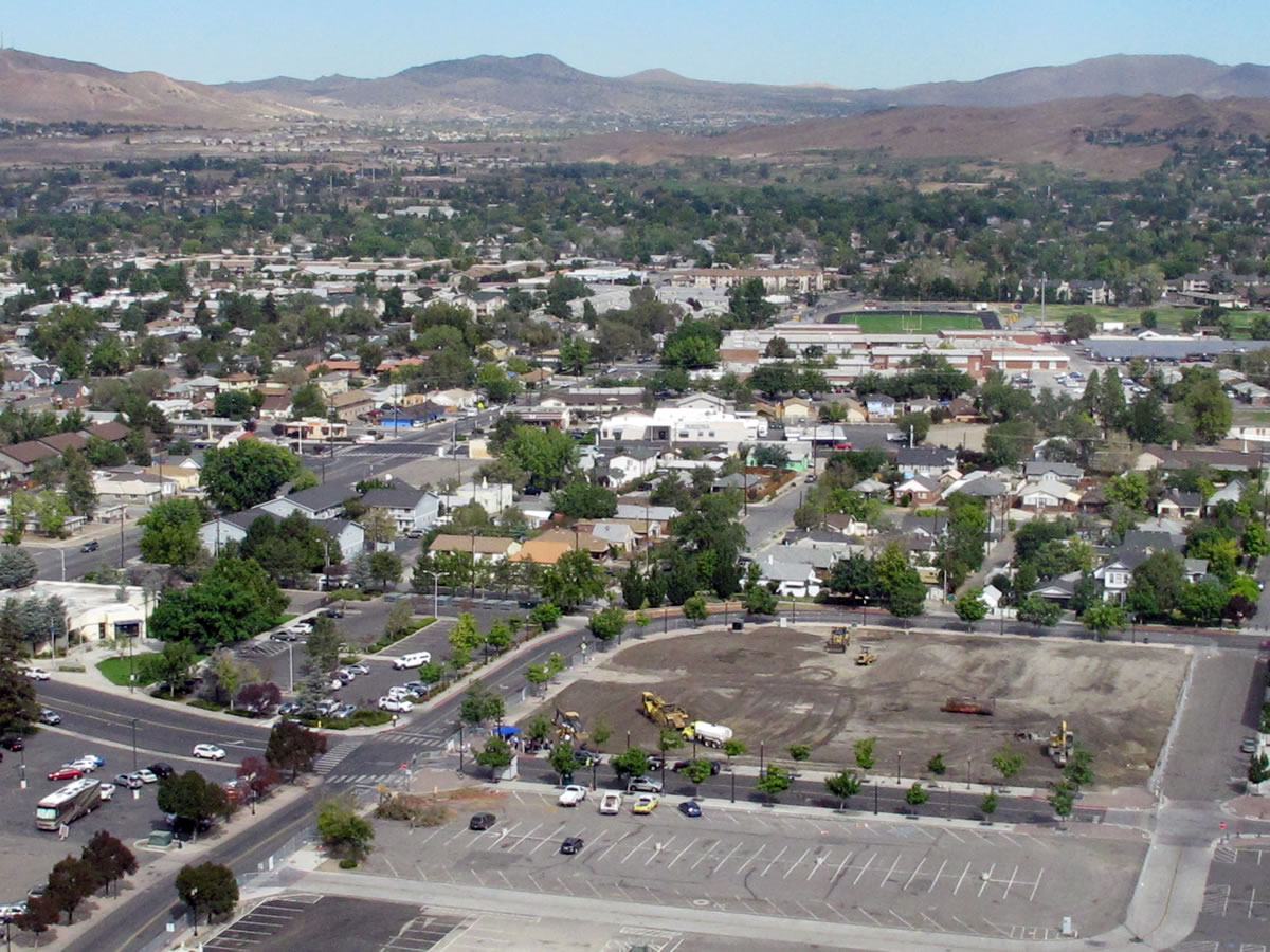 The vacant lots north of U.S. Interstate 80 where an urban renewal project with housing and retail space is planned in Sparks, Nev.