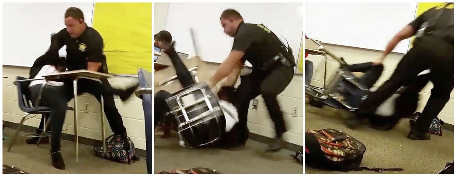 These images from video taken by a Spring Valley High School student on Monday in Columbia, S.C., show Senior Deputy Ben Fields trying to forcibly remove a student from her chair after she refused to leave her math class.