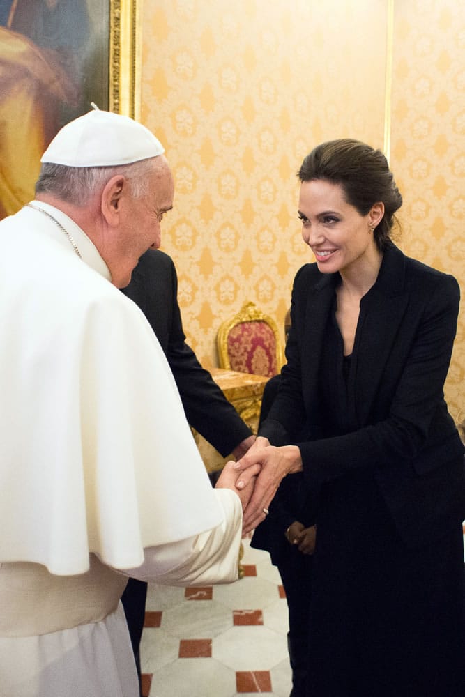 Pope Francis meets Angelina Jolie during a private audience at the Vatican on Thursday.