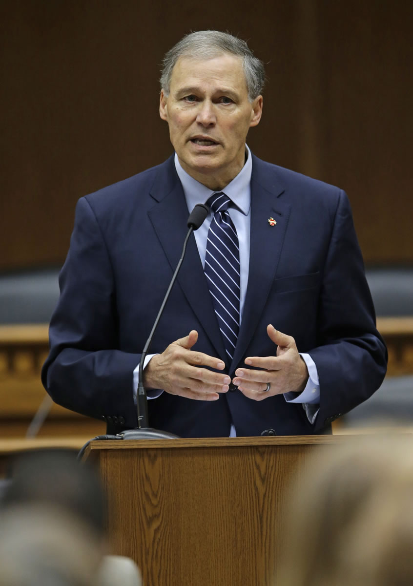 Washington Gov. Jay Inslee speaks Thursday at the annual Associated Press egislative preview in Olympia.