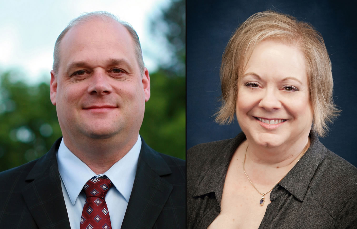 Evergreen Public Schools board candidates Frank Decker, left, and Victoria Bradford