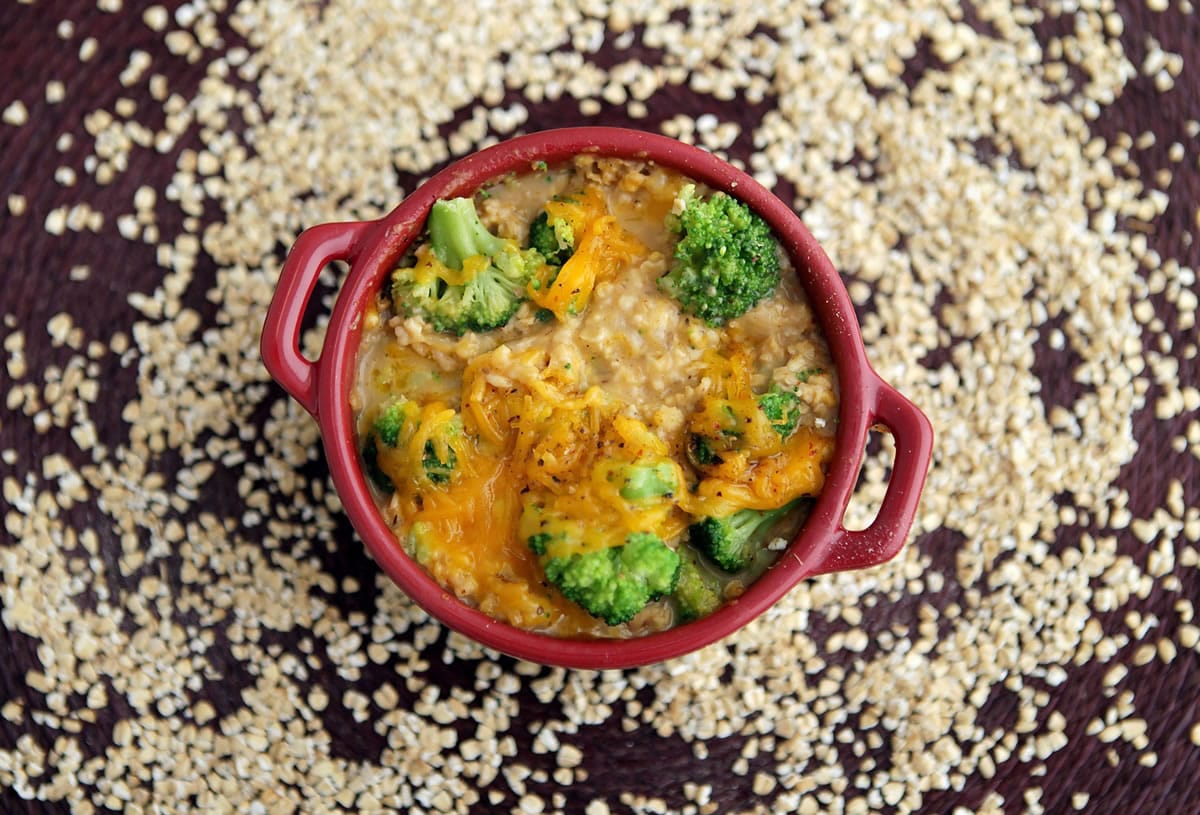 The secret savory side of oatmeal will enhance this recipe for Broccoli-Cheddar Oven Risotto.