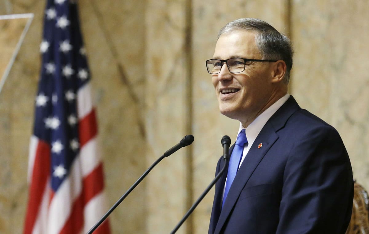 Washington Gov. Jay Inslee gives his annual State of the State speech in January to a joint session of the Washington Legislature in Olympia. (AP Photo/Ted S.