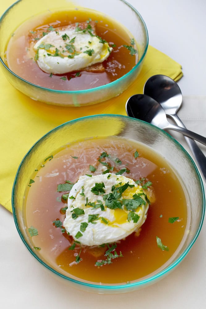 Cook the eggs for Poached Egg Soup until the whites are opaque but the yolks seem liquid.