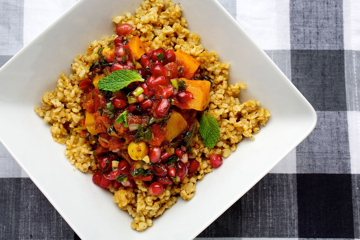 A spicy stew that warms and calms: Butternut Squash Stew With Pomegranate Salsa.