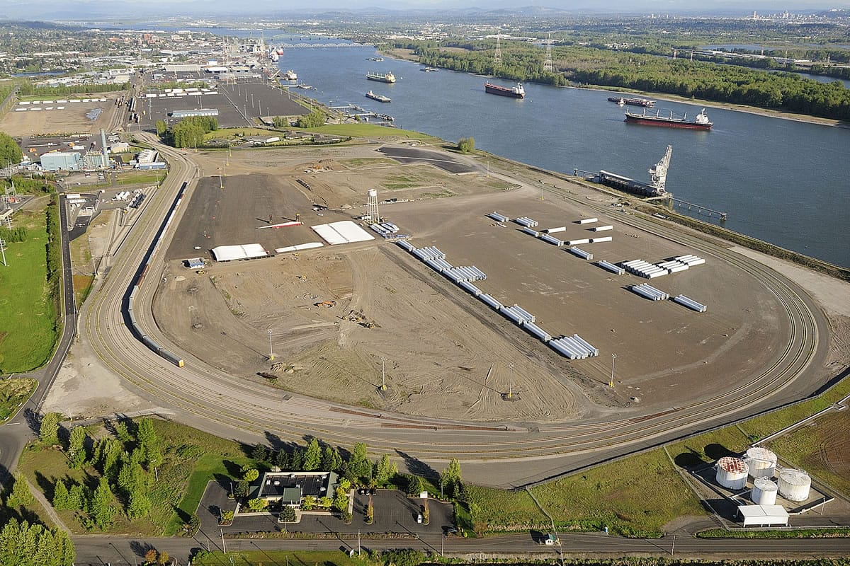 This aerial photograph looks east at the Port of Vancouver's Terminal 5, part of the port's $275 million rail infrastructure investment and the site of a proposed $110 million oil transfer facility.