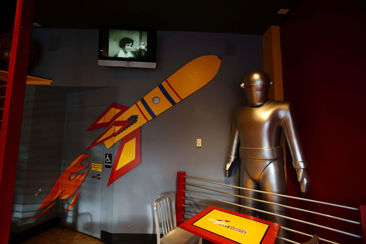 Rocket Donuts in downtown Bellingham has a replica of space traveler Gort from &quot;The Day the Earth Stood Still.&quot;