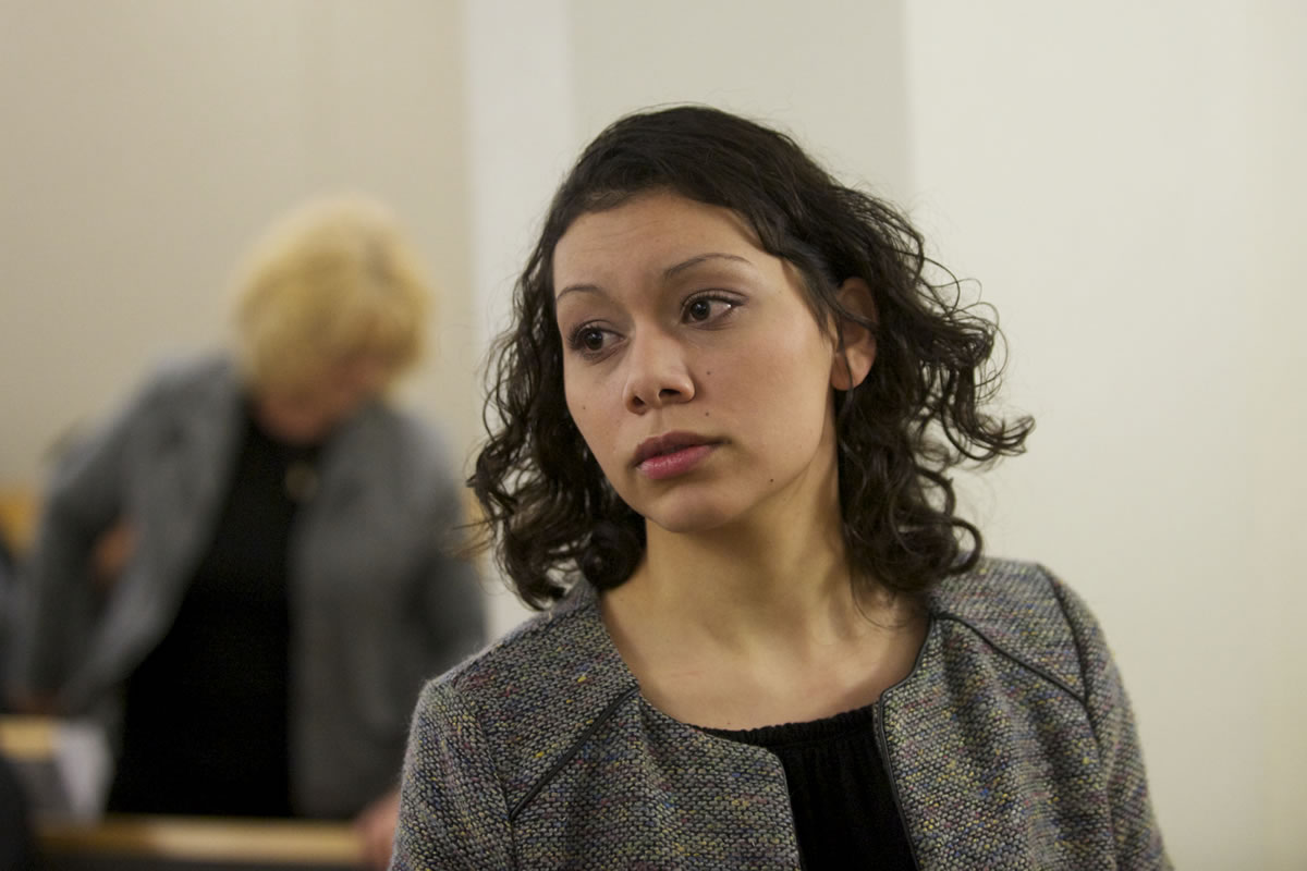 Kalista Andino is arraigned, Friday, February 7, 2014, on charges of tampering with a witness in the January 19 fatal hit and run in Vancouver.