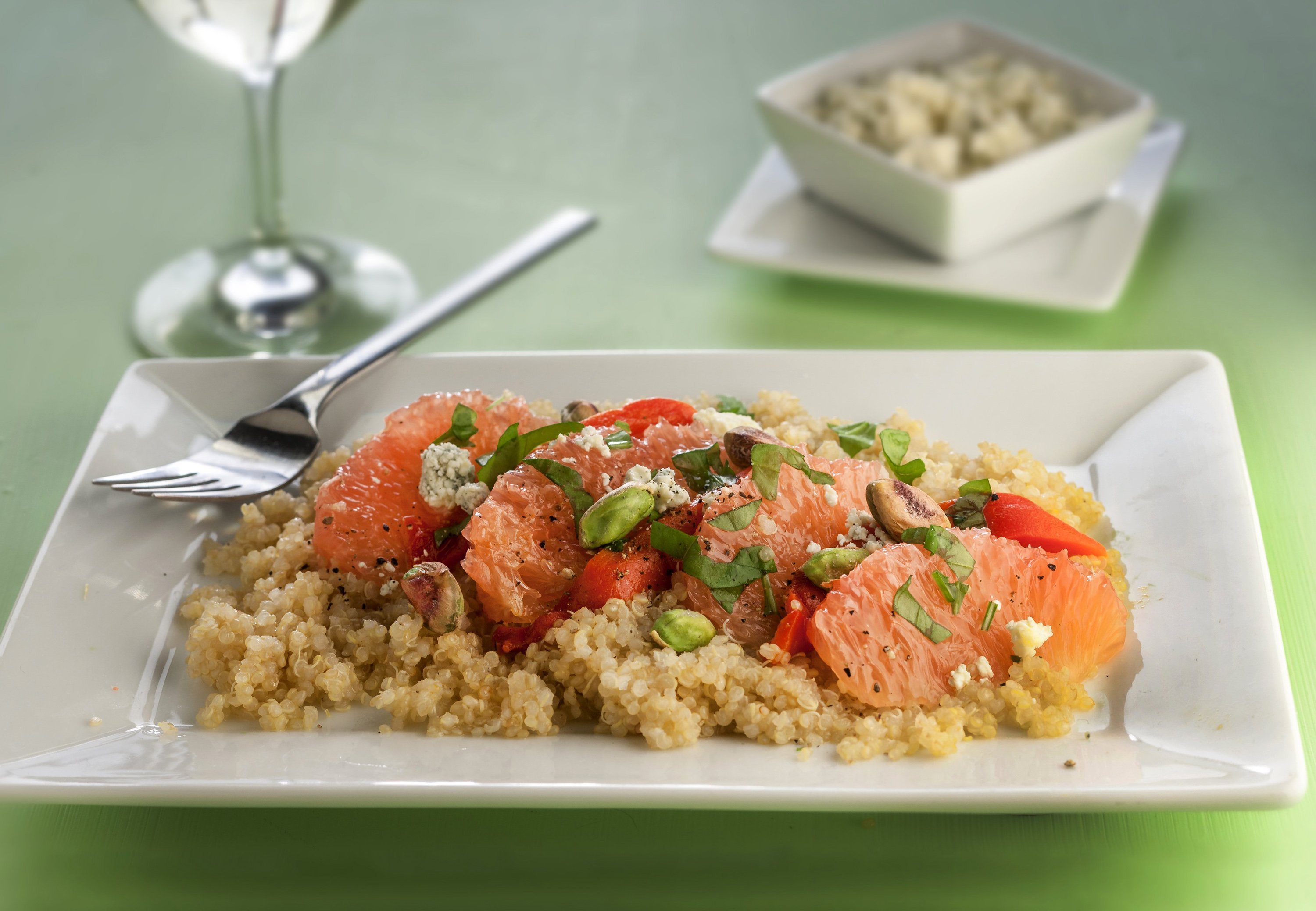 Grapefruit, red bell pepper and grains combine in a delicious salad.