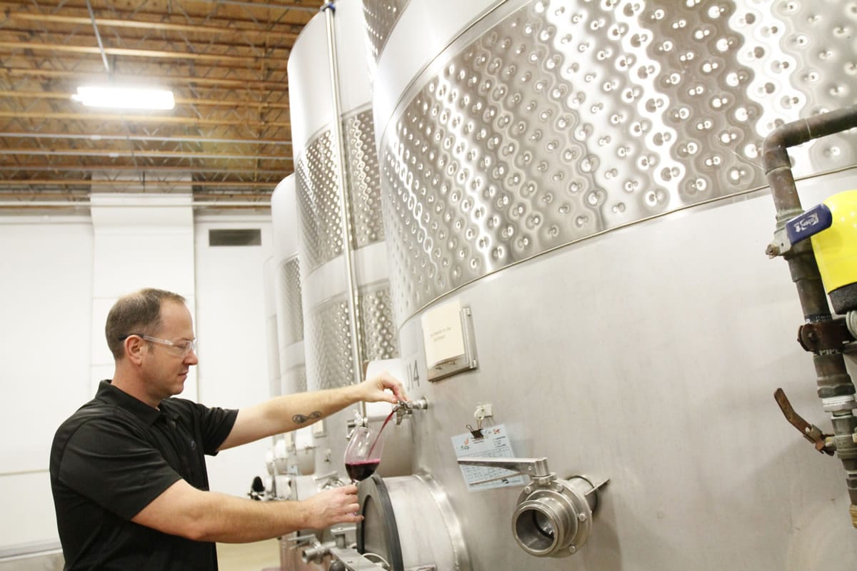 Winemaker Ray McKee prepares to taste some pressed red wine before it goes into a barrel on Nov. 20 at Chateau Ste.