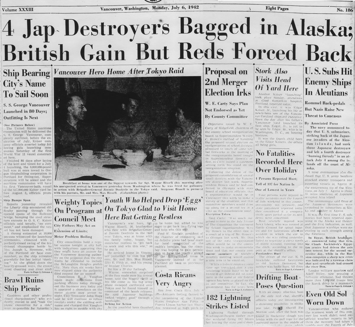 The Columbian's front page on July 6, 1942, shows Clark County's attention was on the events of World War II.
