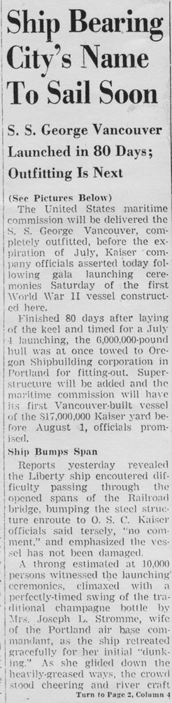 The Columbian's front page on July 6, 1942, shows Clark County's attention was on the events of World War II, including the launch of the SS George Vancouver, a Liberty ship, on July 4.