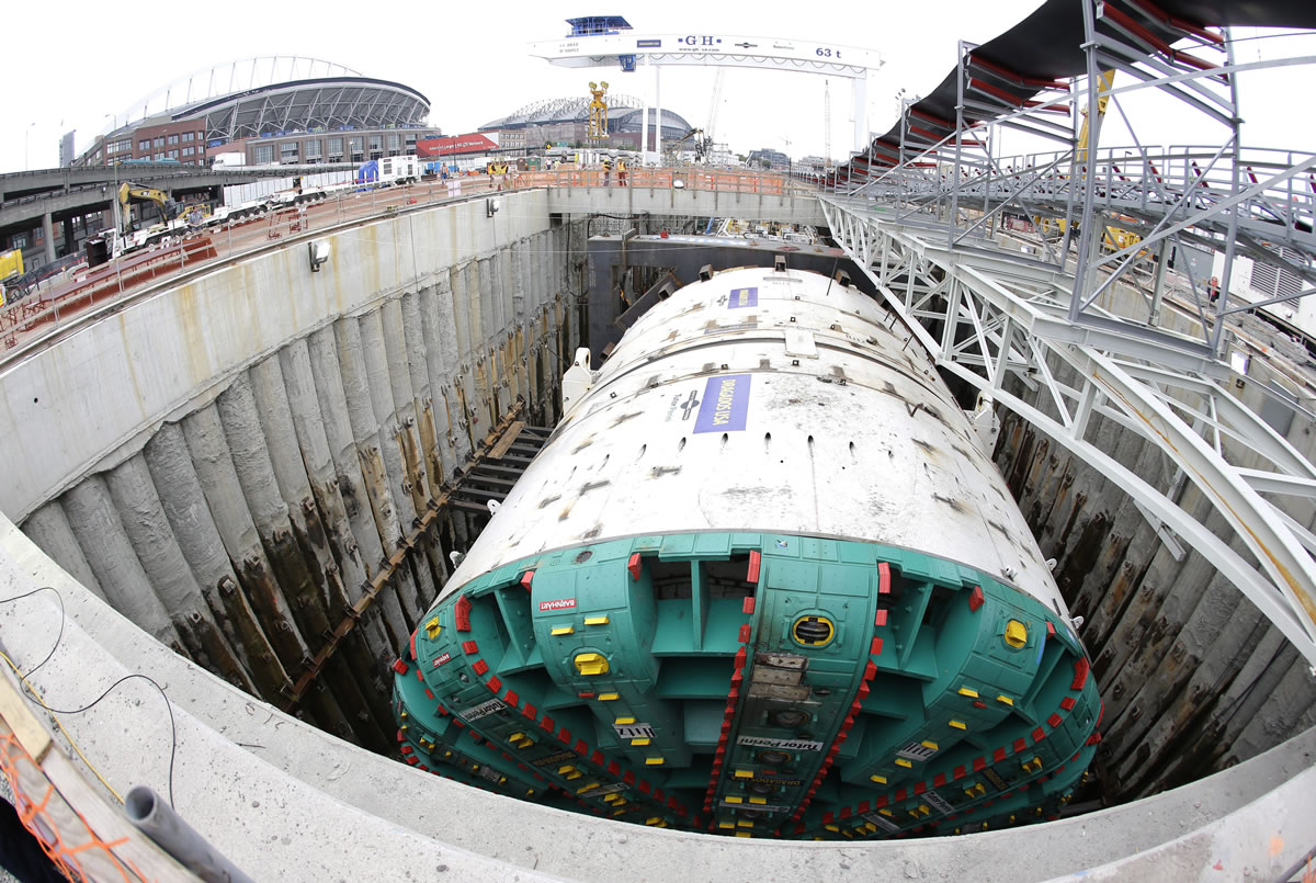 In this photo made with a fish-eye wide-angle lens, &quot;Bertha,&quot; the massive tunnel boring machine that is expected to spend the next 14 months drilling a two-mile tunnel to replace the 60-year-old Alaskan Way Viaduct, is shown July 20 before it began drilling.