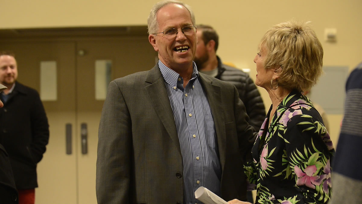 County chair candidate Marc Boldt, who ran with no party preference, talks to supporter Ann Laurier after hearing the results of the general election Tuesday. Boldt was leading the race with 40.39 percent of the vote Tuesday night.
