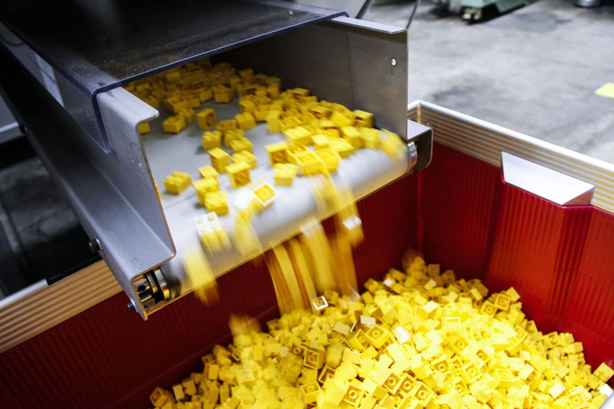 Completed Lego bricks come off the production line in Denmark.