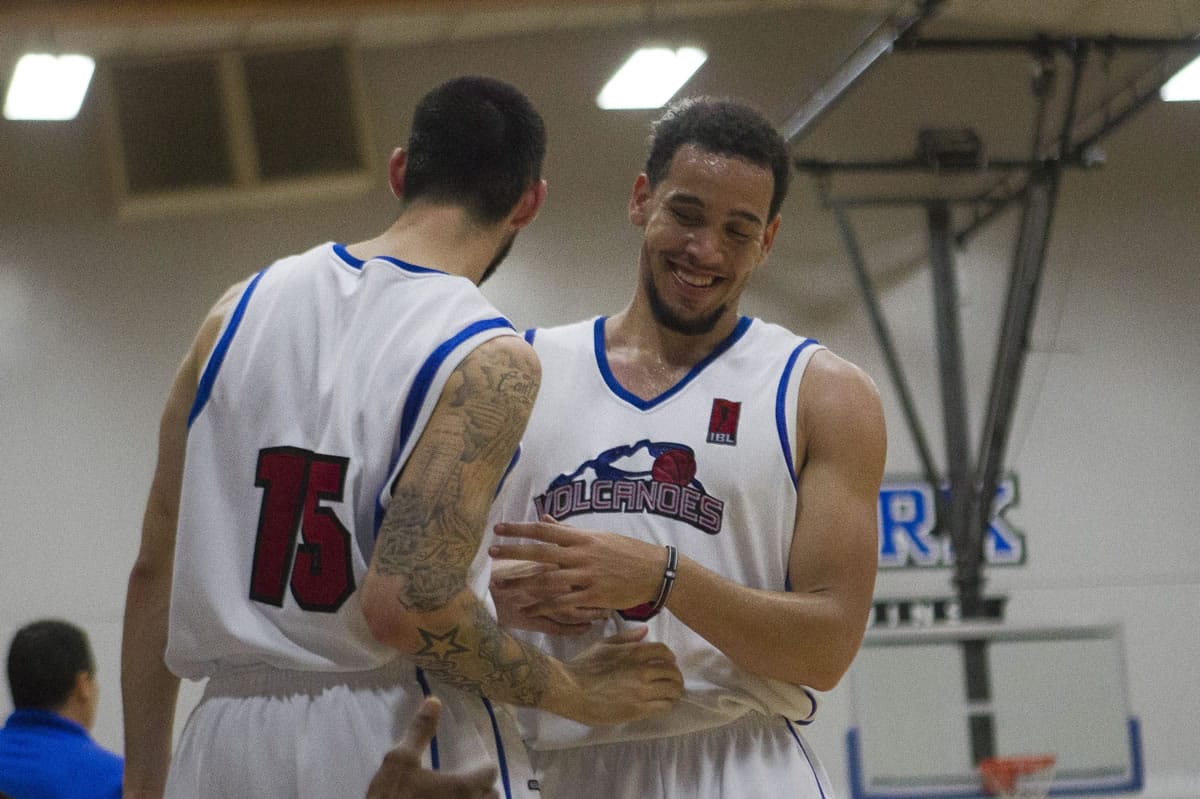 Chehales Tapscott, right, in his final home game for the Vancouver Volcanoes