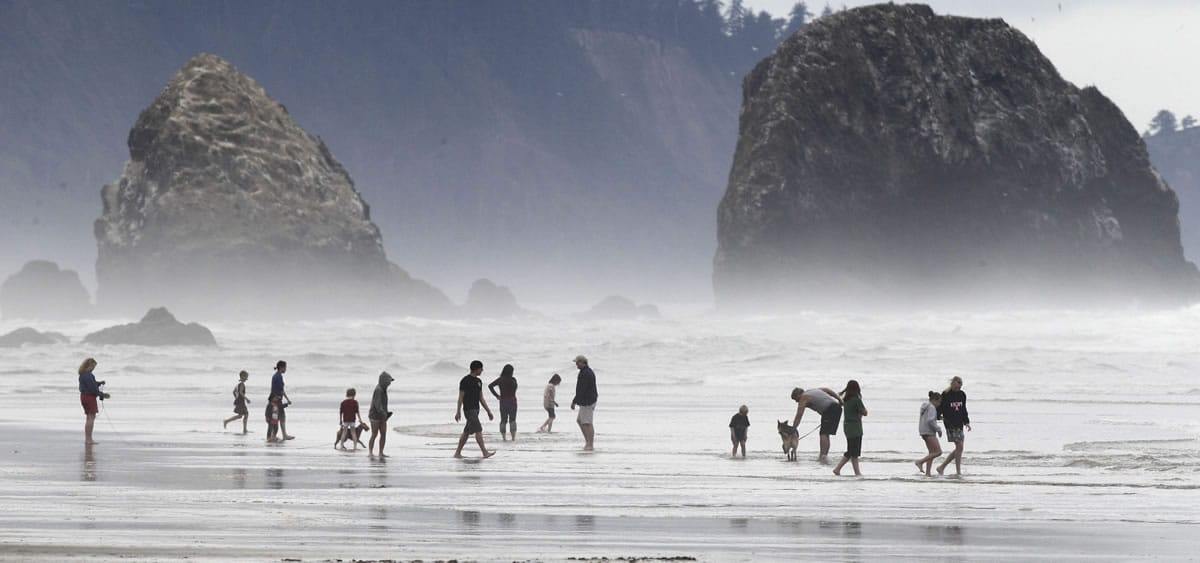 Beachgoers explore a tidal pool at Haystack Rock in Cannon Beach, Ore. Members of the Haystack Rock Awareness Program want the public to know that the 235-foot-tall rock is more for looking than touching.