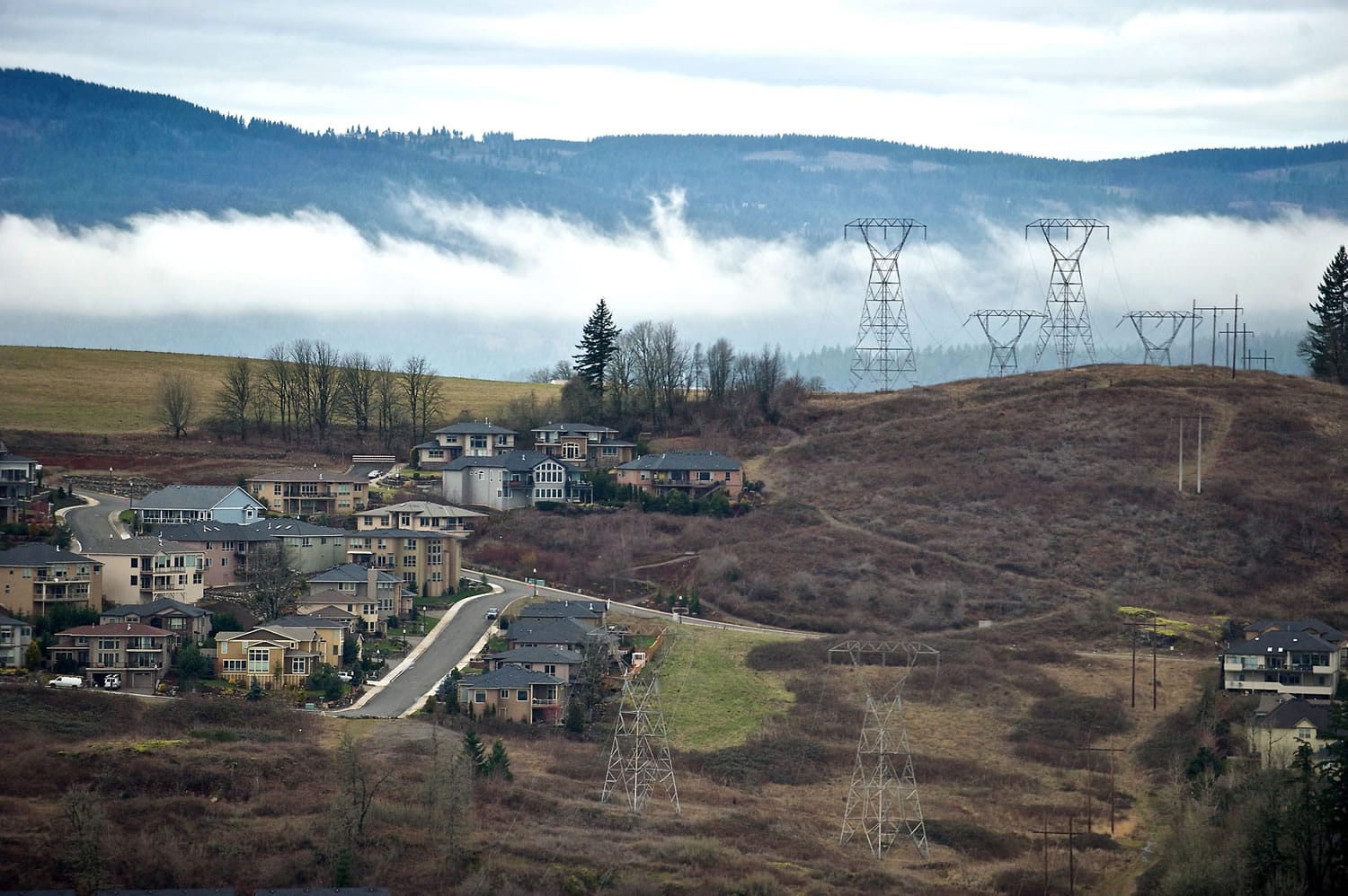Existing power lines through Washougal, photographed from a helicopter in January 2013, are along part of the proposed route for a new Bonneville Power Administration transmission line that would run from Castle Rock to Troutdale, Ore.