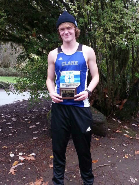 Clark College sophomore James Breen, a Heritage High grad, after winning the 2015 NWAC men&#039;s cross country title at Lewisville Park in Battle Ground.