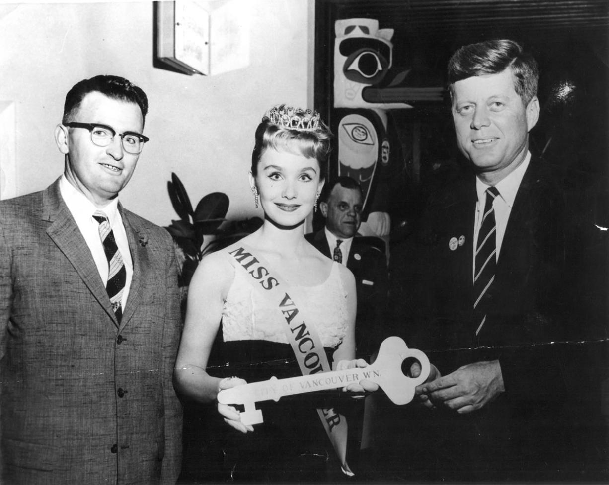Mike Wilson
Manny Helm, left, and Miss Vancouver Carol Erlandson (now Carol Snyder) give John F. Kennedy the key to the city in September 1960. A  few days later, it was given to Richard Nixon.