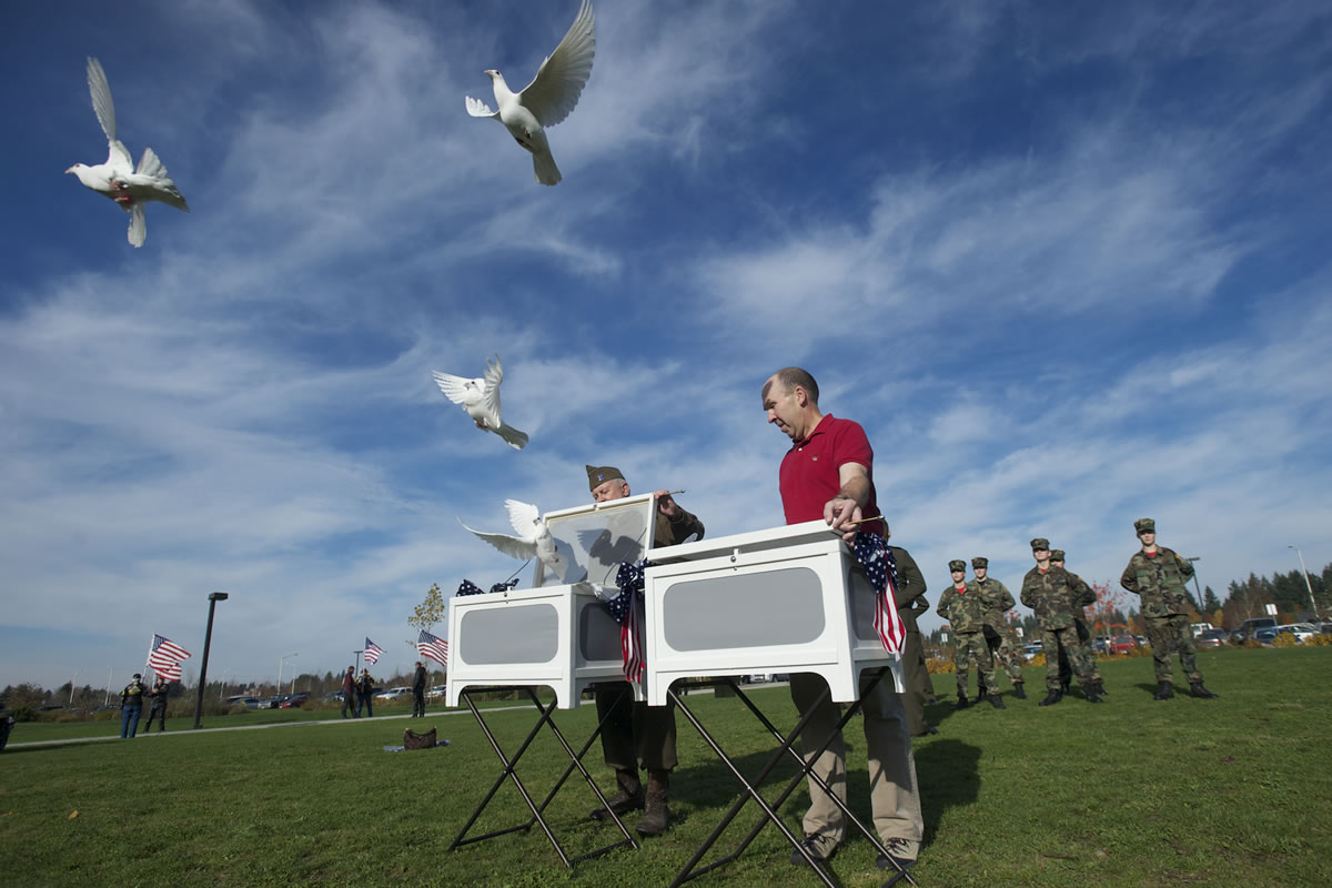 White doves from Bright Eyes Dove Release take flight as part of the Veterans Day celebration on Nov.