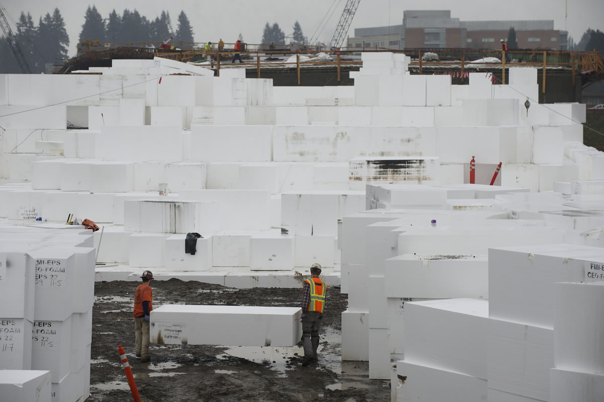 Most of the geofoam blocks being used for the Salmon Creek Interchange Project measure 3 feet by 4 feet by 9 feet, according to the Washington State Department of Transportation.