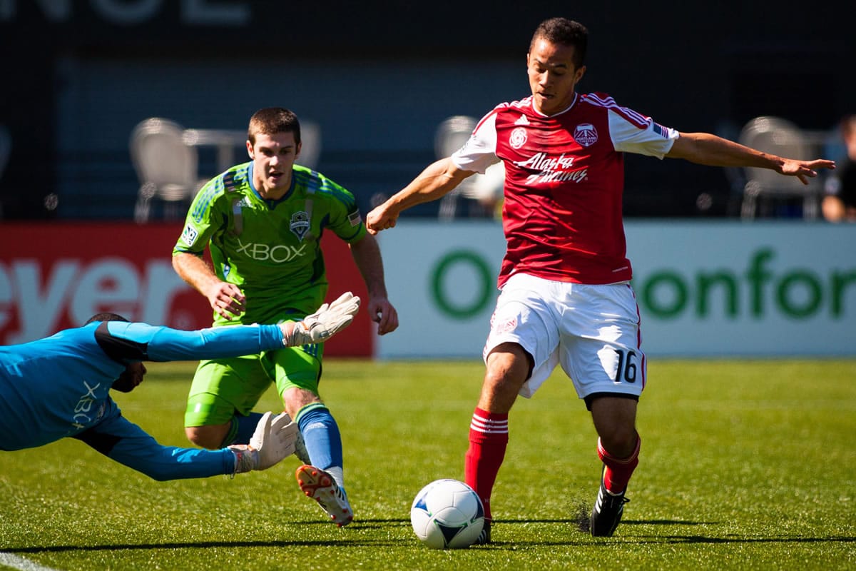 Brent Richards, right, in action against the Seattle Sounders reserves in 2012.