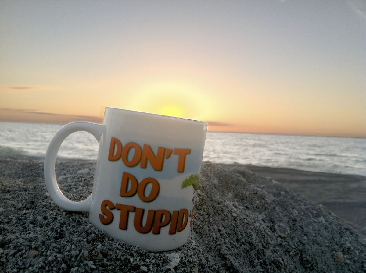 Don't Do Stupid Stuff coffee mug on a sandy beach.