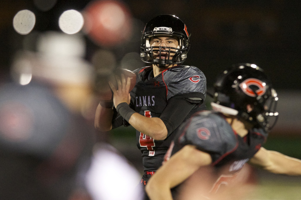 Camas quarterback Reilly Hennessey passes for a touchdown at Doc Harris Stadium.