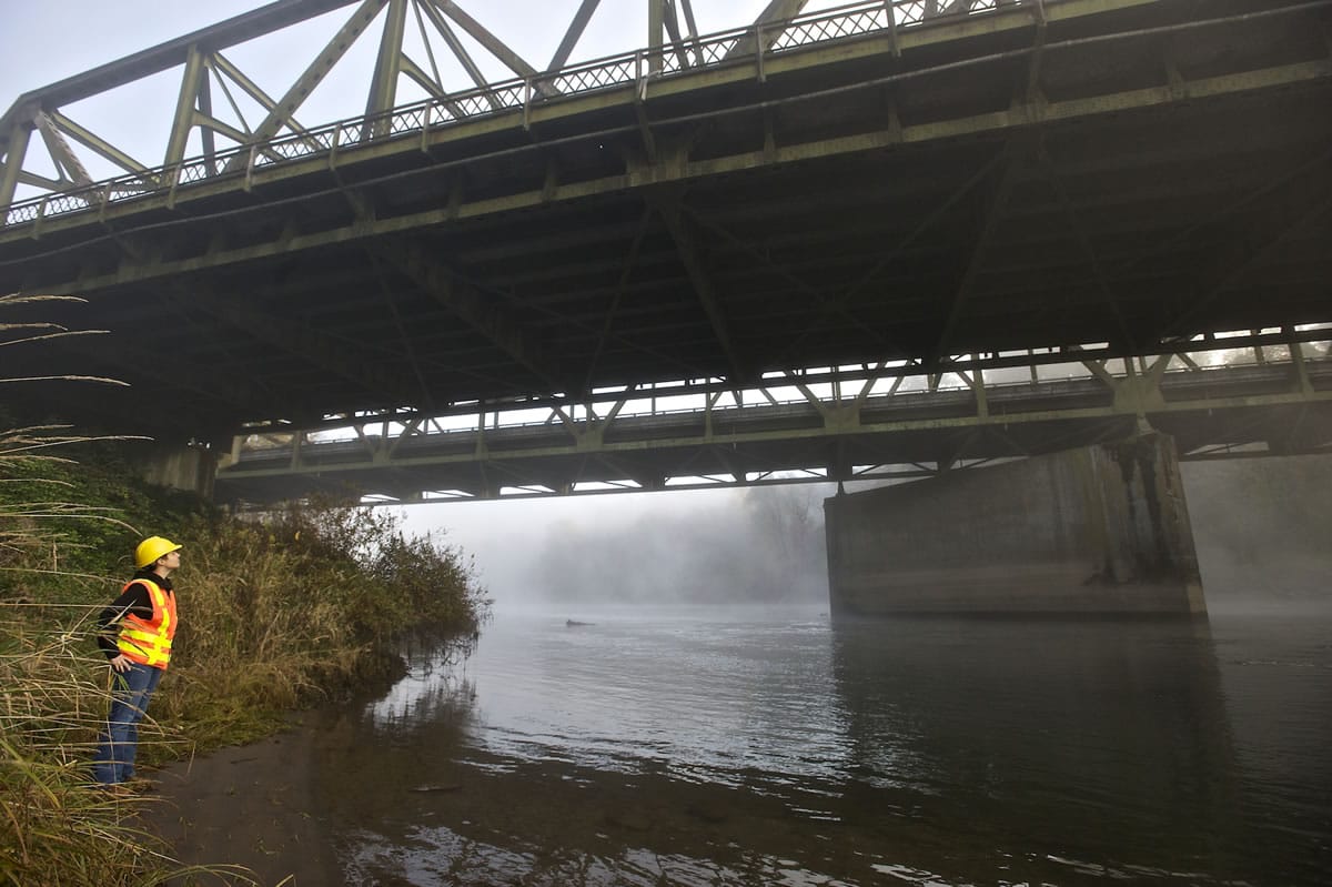 The Washington State Department of Transportation's Abbi Russell looks up Friday at the North Fork Lewis River Bridge in Woodland.