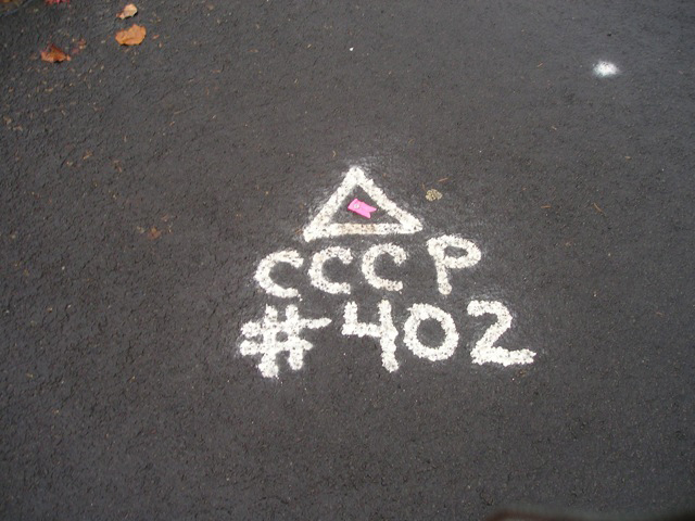 It's not tagging by a resurgent Soviet Union -- it's a surveyor's &quot;Clark County Control Point&quot; on Northeast 56th Avenue.