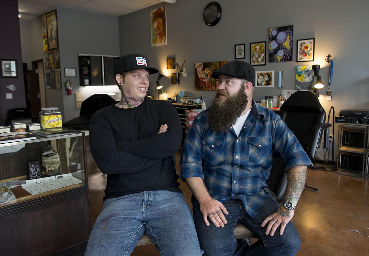 Tattoo artist Brandon Hozack, left, started working at Washougal&#039;s 3rd Heart Tattoo in April, and found not only a new career, but a best friend in shop owner Ryan &quot;Boomer&quot; Boomhower, right.