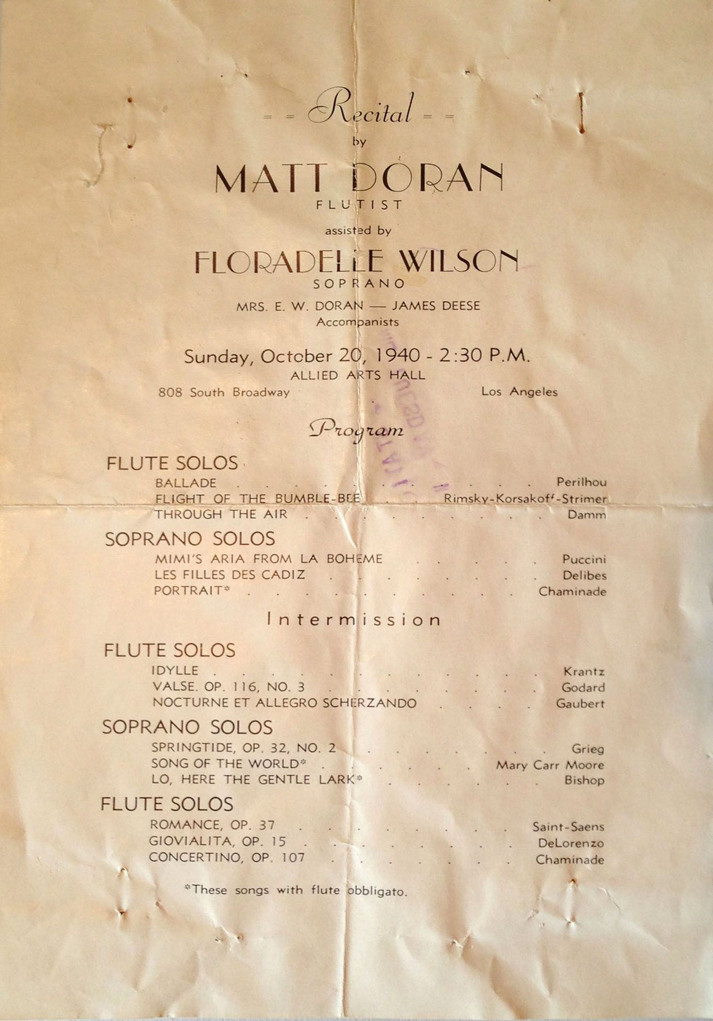 Hazel Dell: After The Columbian ran a story about local classical composer and musician Matt Doran, we were contacted by a historical researcher who's working for a singer Doran accompanied in concert 73 years ago. Here's the concert program -- dated Oct.
